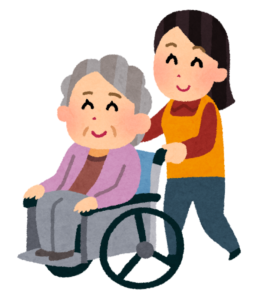 車椅子の利用者と同じ目線にあわせて笑顔でコミュニケーションをとる支援員のイラスト