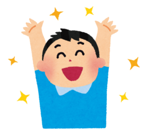 通帳やお財布を手に持って、お金が貯まり将来に安心感を得てホッとしている笑顔の人物のイラス