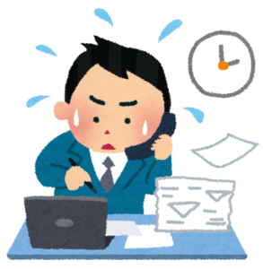 膨大な書類や介護業務に追われてんてこ舞いになっている介護・福祉職のイラスト