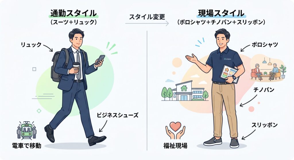 介護等体験の初日の服装マナー(スーツ通勤と現場のポロシャツ・チノパンの選び方比較)