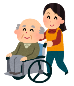 車椅子に乗った利用者を笑顔で安全に介助する介護・福祉職員のイラスト
