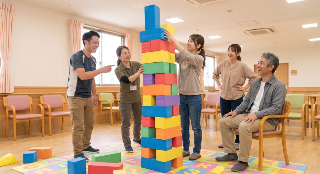 万が一足元に落としても痛くない軽量EVAウレタン素材の大型ブロック積みゲーム