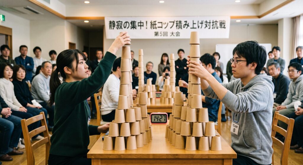 崩れても静かで安全な未晒しクラフト紙コップを高く積み上げる手元集中レク