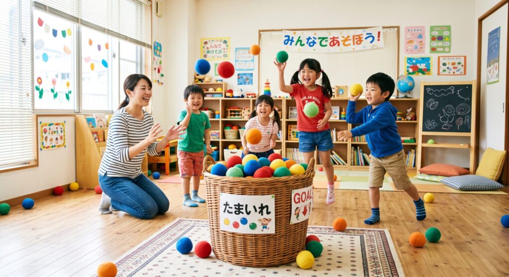 デイサービスの室内玉入れレクで柔らかいソフトカラーボールを投げて楽しむ様子