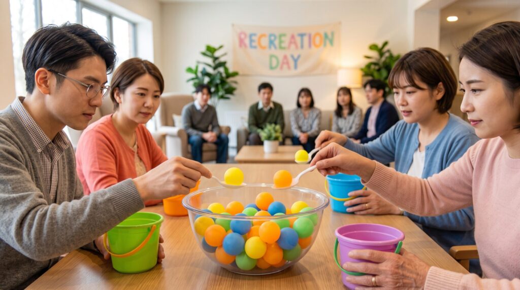 福祉施設でのピンポン玉すくいゲームの様子（お玉でカラーボールをカゴへ運ぶ手指のリハビリレク）