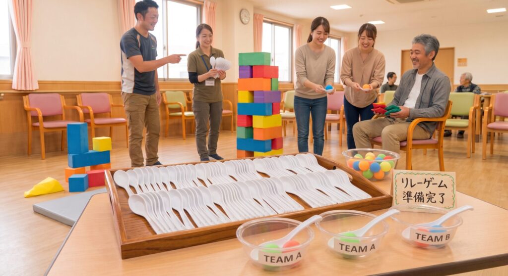 プラスチック製お玉に乗せたピンポン玉を隣の人へ慎重に渡すボール運搬リレーゲーム